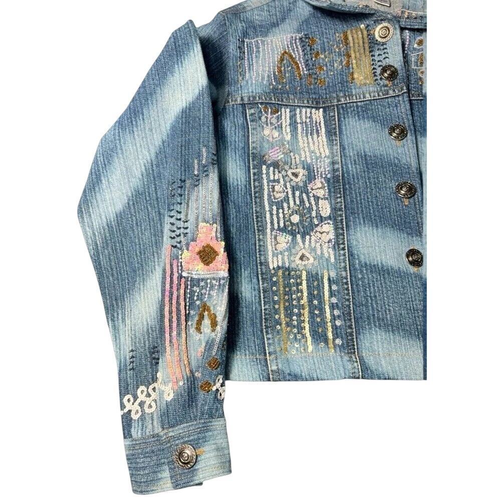 Sandy Starkman Hand Embroidered Denim Jacket Women’s L Boho Artsy Wearable Art - Picture 4 of 10
